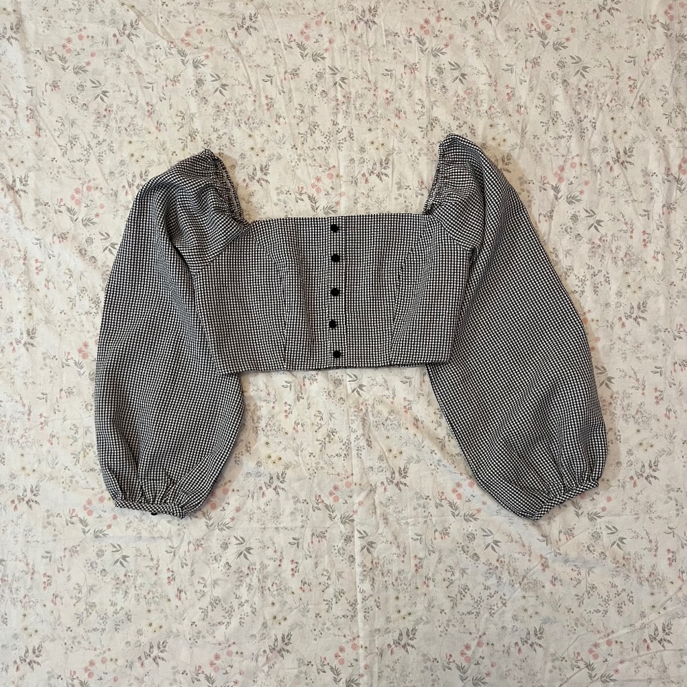 Tiger Mist Gingham Crop Top Puffy Sleeve Regency Plaid Buttons